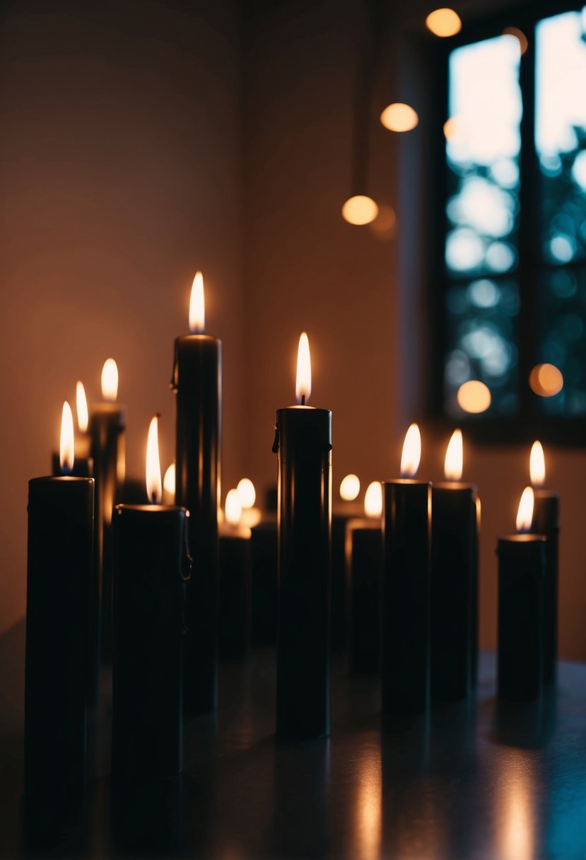 A dimly lit room with flickering black candles casting a warm glow, creating a mysterious and romantic ambiance