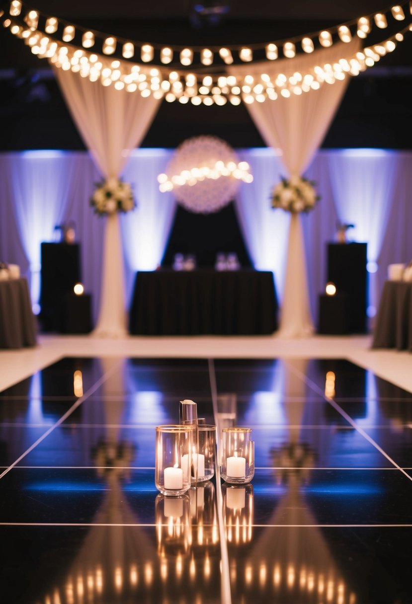 A sleek, black dance floor with chic wedding decor and lighting