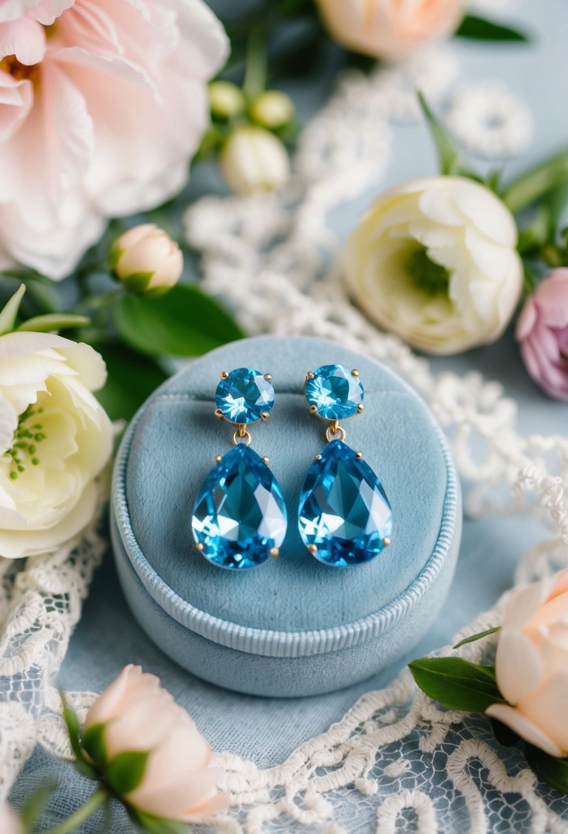 A pair of baby blue crystal drop earrings displayed on a velvet cushion, surrounded by soft, pastel-colored flowers and delicate lace fabric