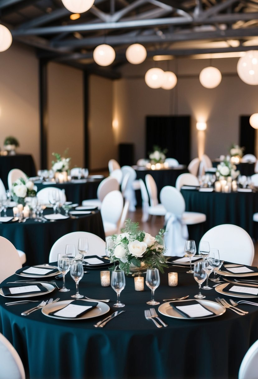 Sleek black and silver reception tables with modern decor for a black wedding theme