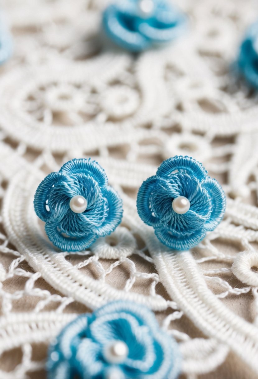 A close-up of light blue lace earrings on a white lace background