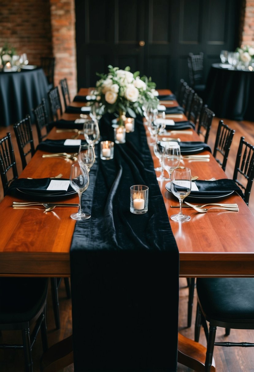 A long, black velvet table runner drapes elegantly across a rich wooden table, creating a luxurious and sophisticated atmosphere for a black-themed wedding