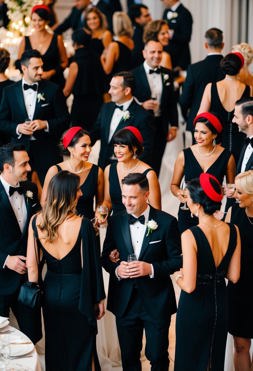 A group of elegantly dressed guests in all-black attire, with a striking pop of red accessories, mingling at a sophisticated wedding reception