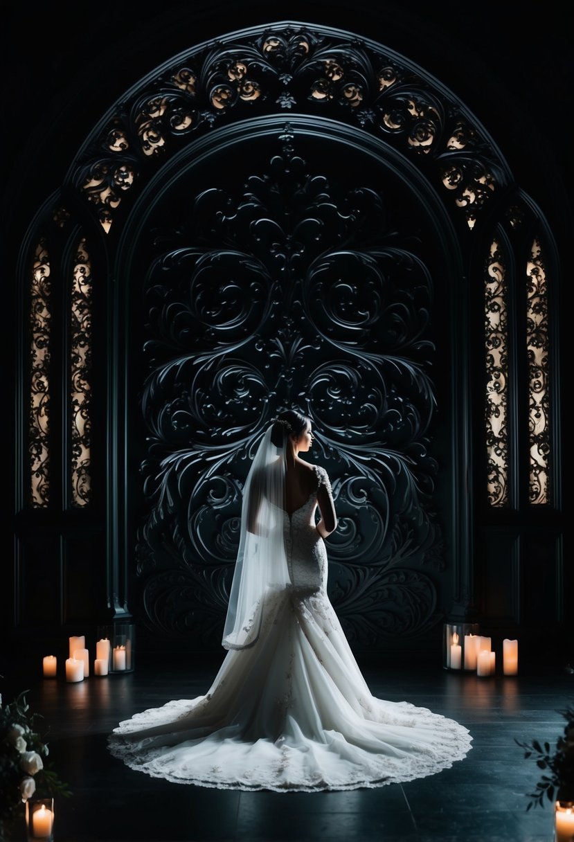 A dark, gothic backdrop with intricate, swirling patterns and dramatic lighting for a wedding ceremony