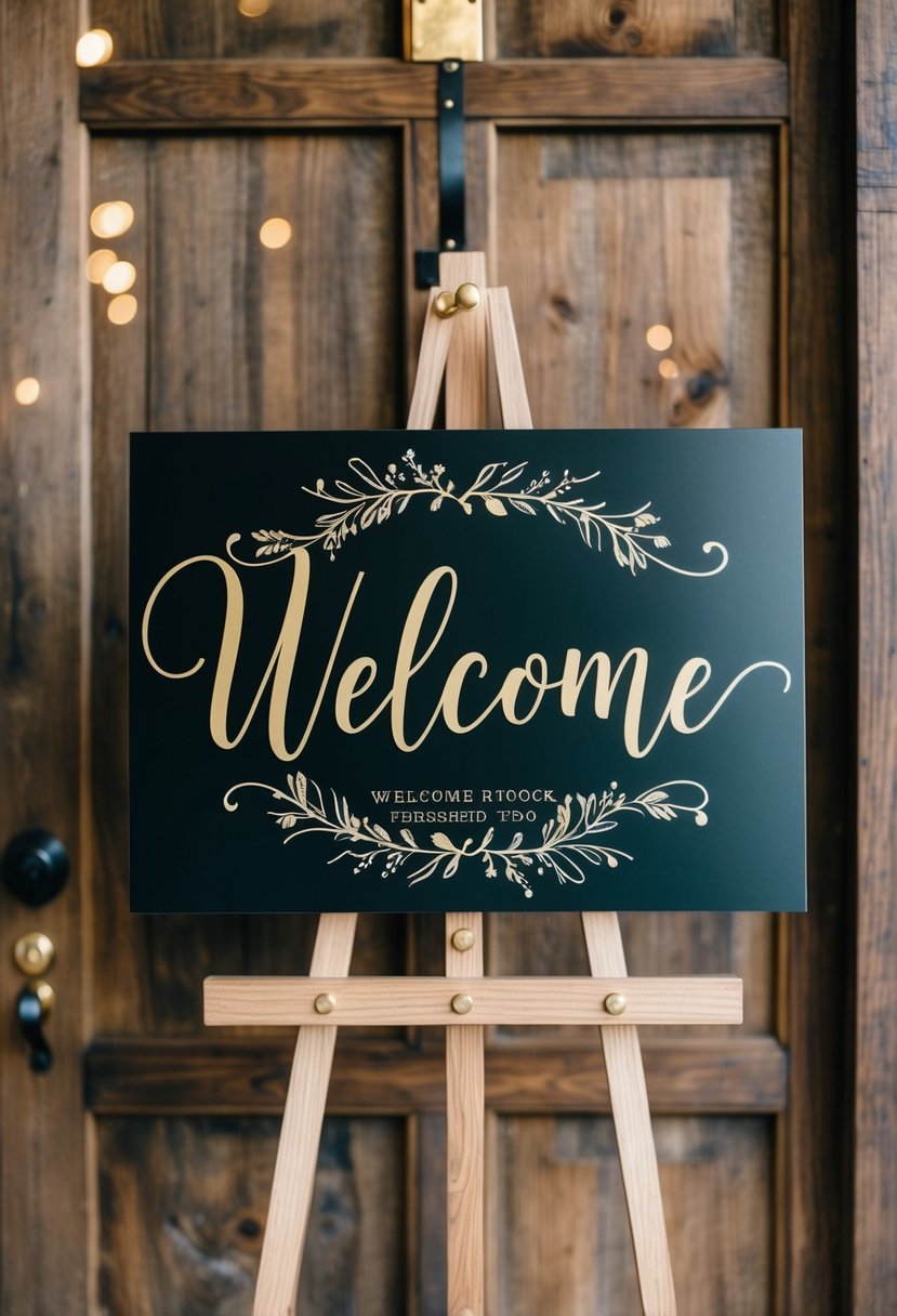 A black and gold welcome sign hangs on a rustic wooden door, adorned with elegant calligraphy and personalized details