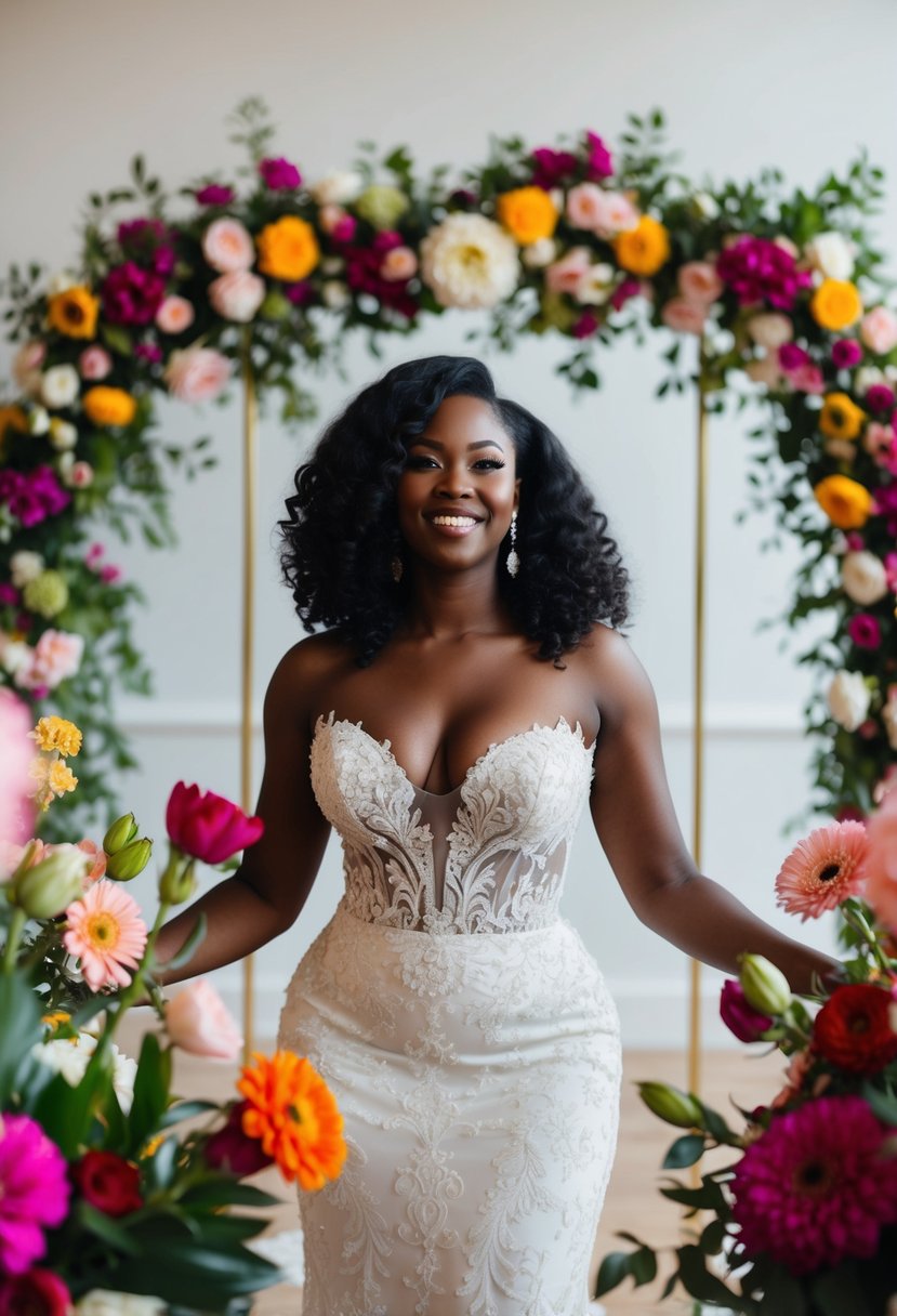 A black woman in a stunning wedding dress, surrounded by vibrant flowers and elegant decor