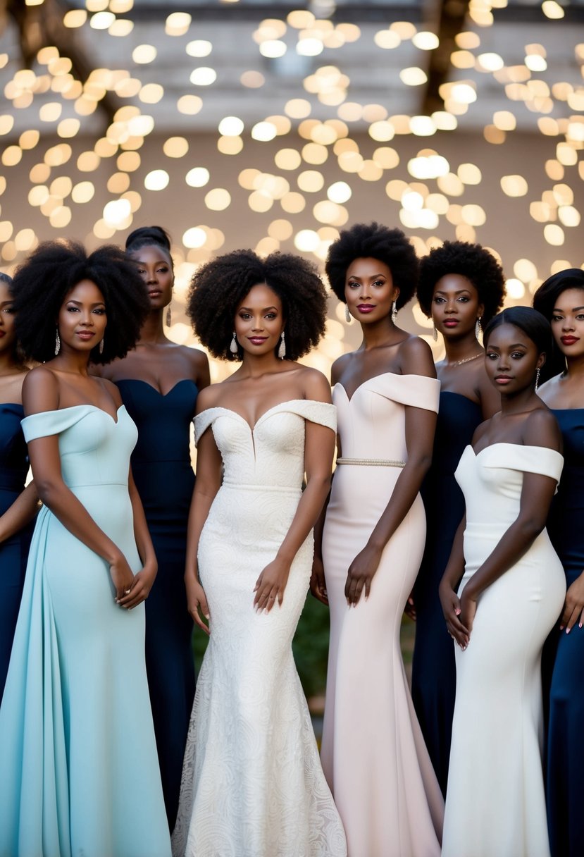 A group of elegant off-the-shoulder gowns in various styles and lengths, designed specifically for black women