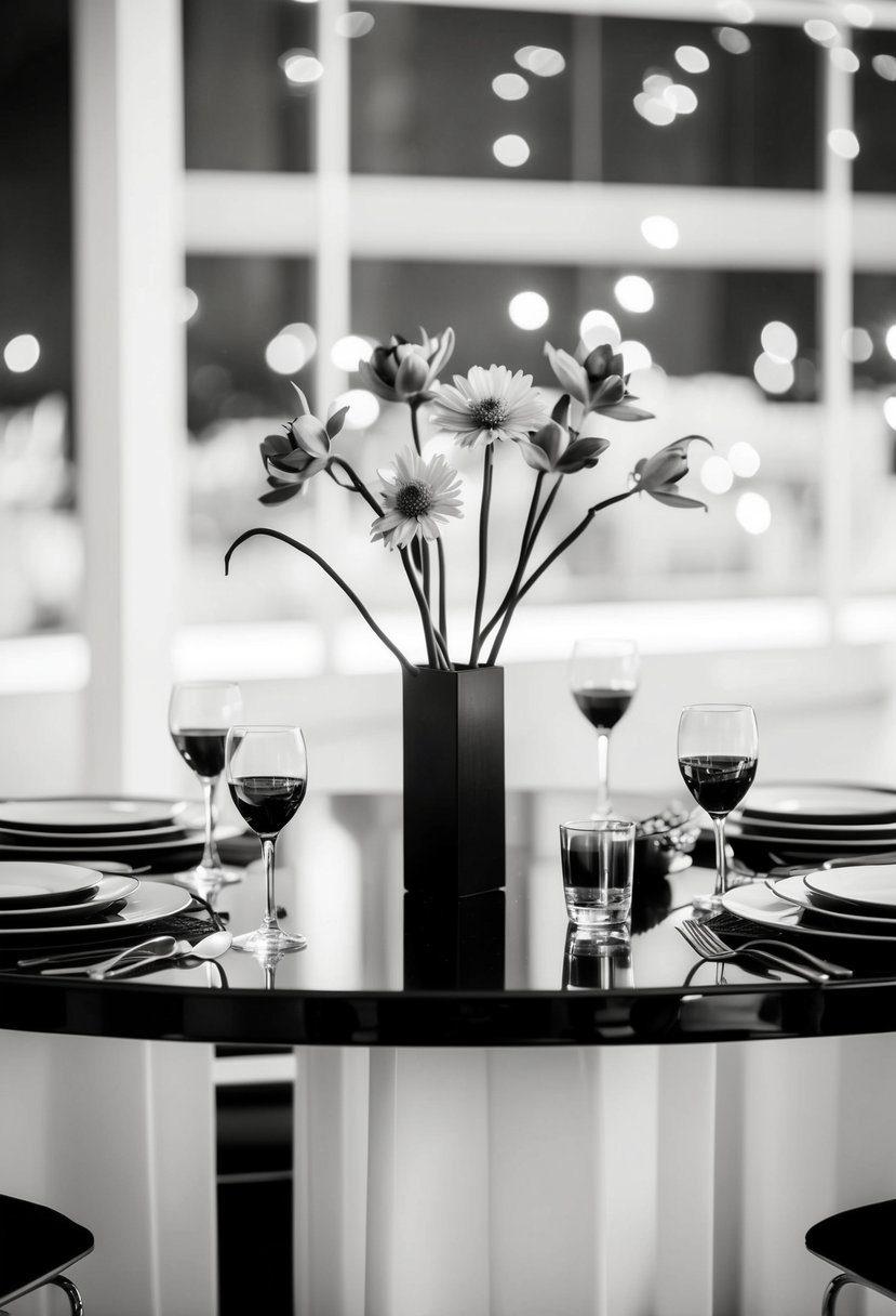 A simple black and white centerpiece on a sleek table