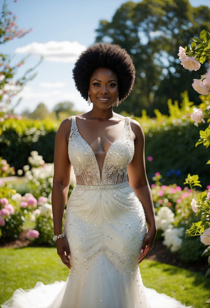 A black woman in a radiant crystal-embellished wedding dress, standing in a sunlit garden, surrounded by blooming flowers and lush greenery