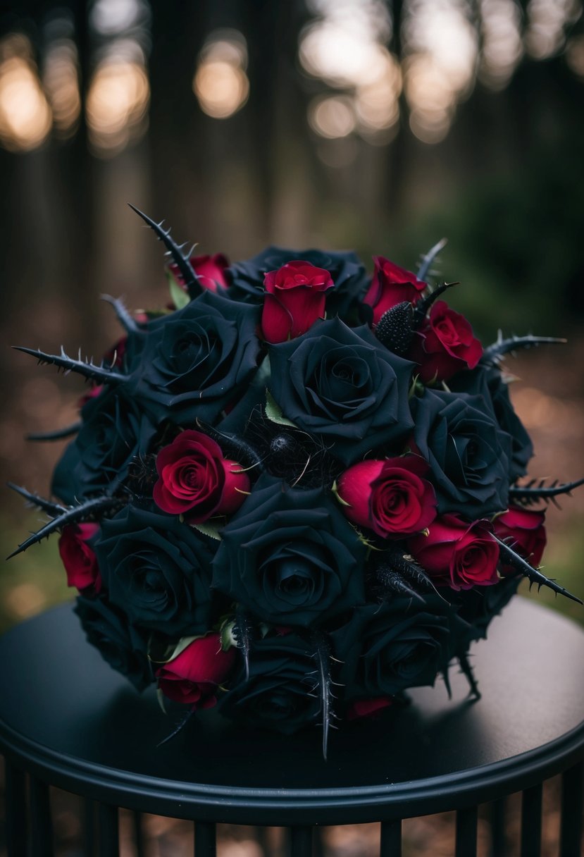 A dark, gothic wedding bouquet with black roses, thorns, and deep red accents