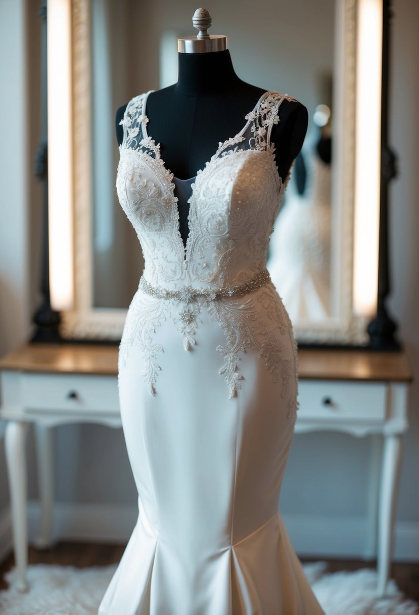 A beautiful mermaid silhouette wedding dress on a mannequin, designed for black women, with intricate lace and beading details