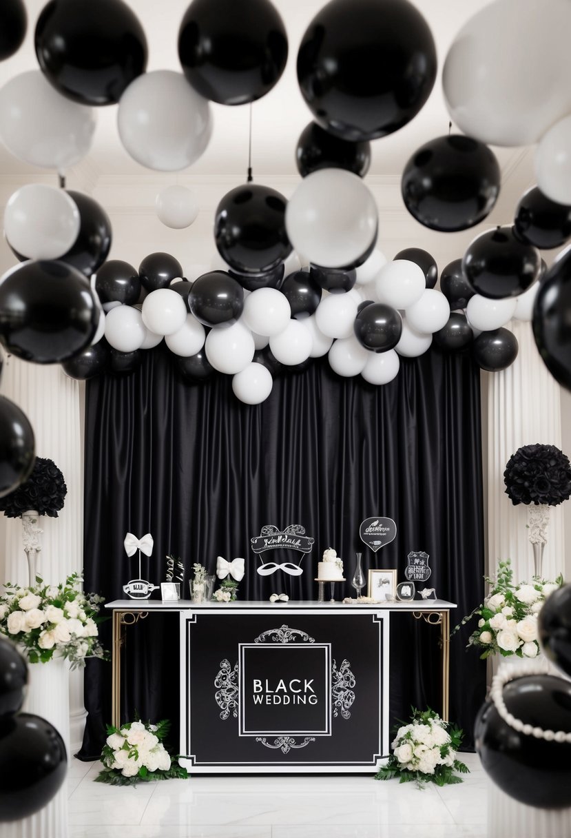 A black and white themed photo booth with elegant backdrops, props, and lighting for a black wedding