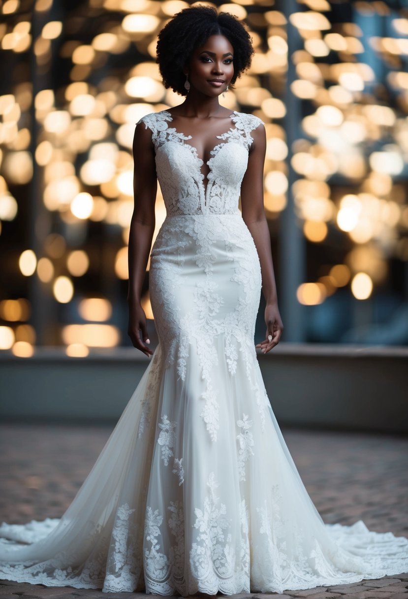 A black woman stands in a stunning lace wedding dress, intricate details cascading down the bodice and trailing along the train