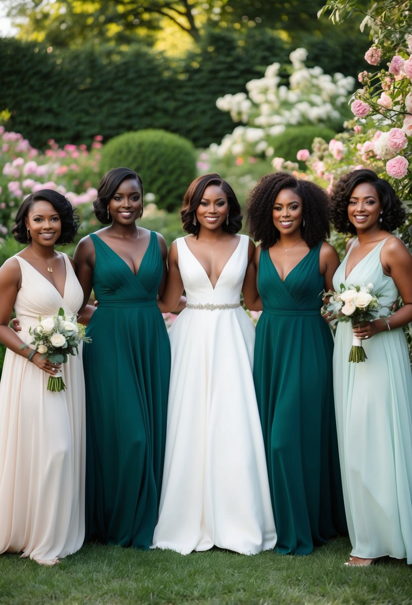 A group of black women in flowy A-line wedding dresses, standing together in a garden, surrounded by blooming flowers and greenery