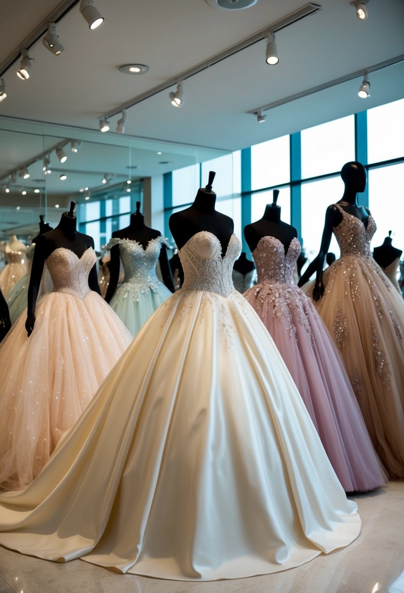 A group of elegant ball gowns in various styles and shades, designed specifically for black women, displayed on mannequins in a luxurious bridal boutique