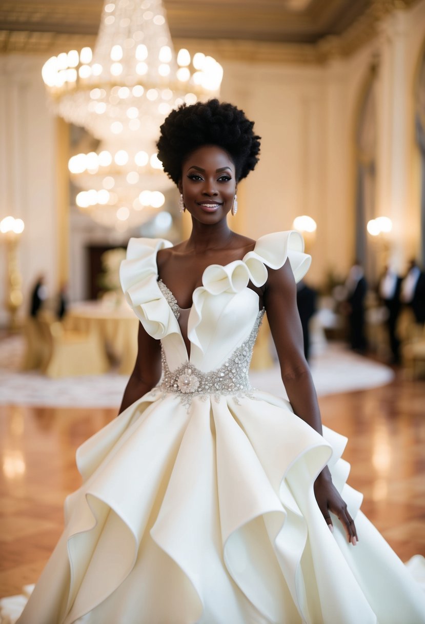 A black woman in a glamorous wedding dress with elegant ruffle accents, standing in a grand ballroom surrounded by opulent decor