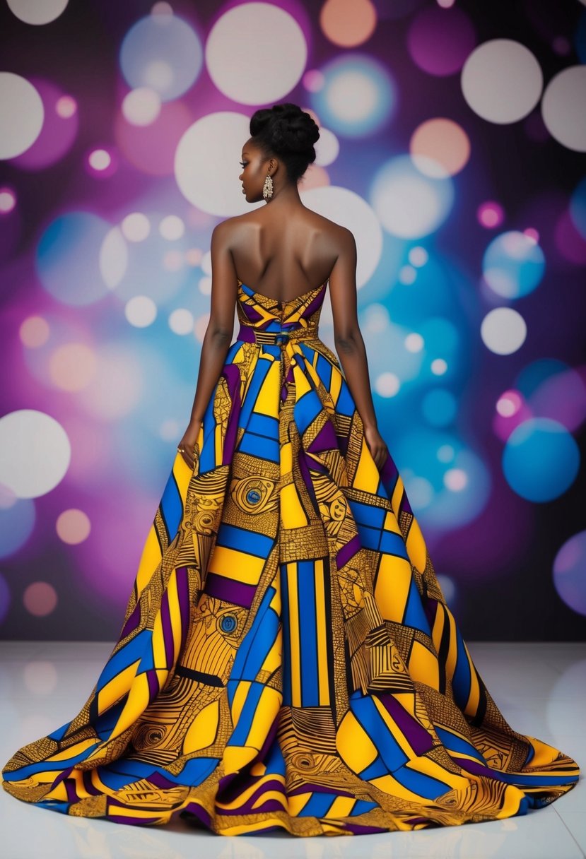 Vibrant African prints adorn a flowing wedding gown, accented with bold geometric shapes and intricate patterns