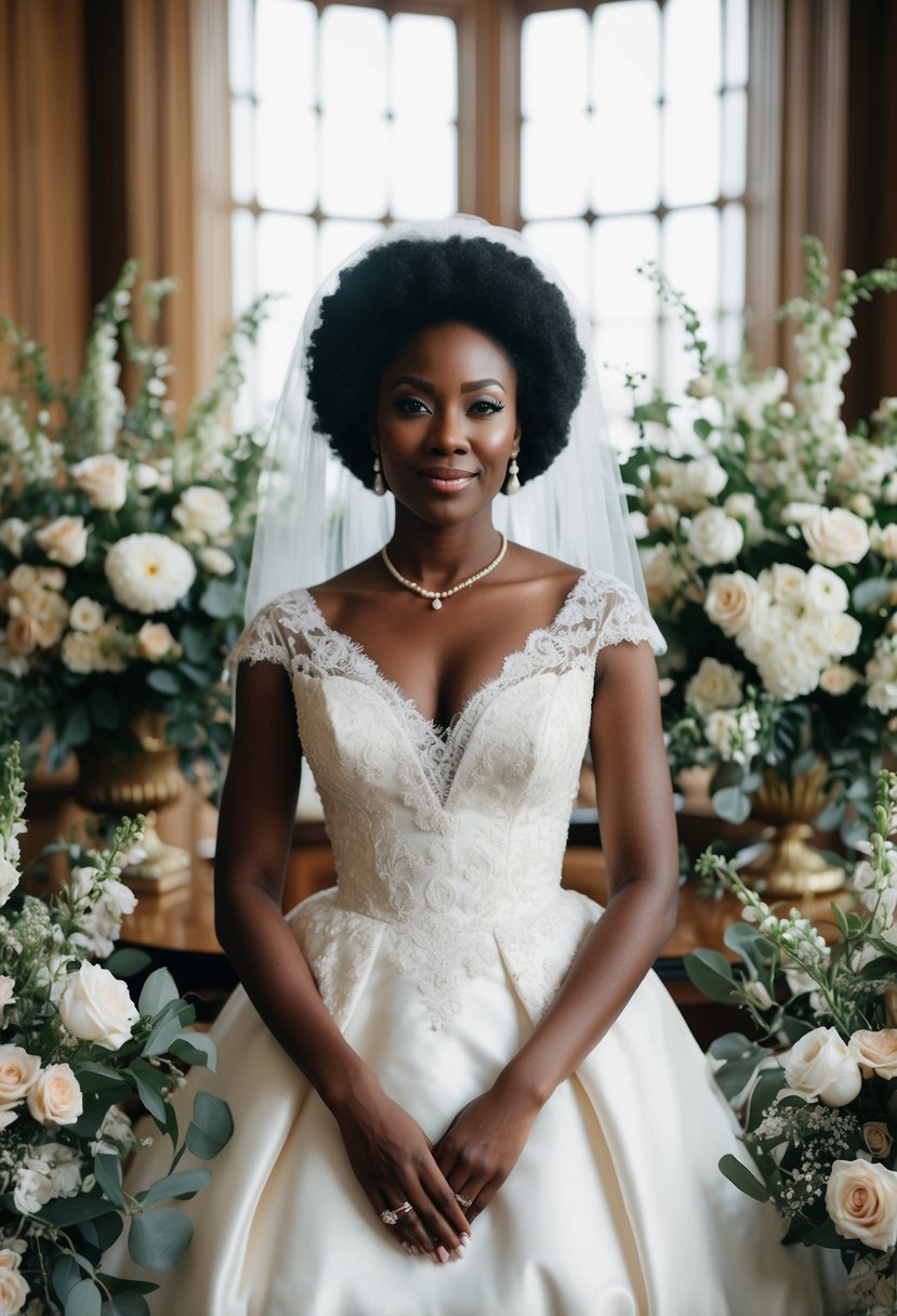 A black woman in a vintage wedding dress, surrounded by classic floral arrangements and antique decor