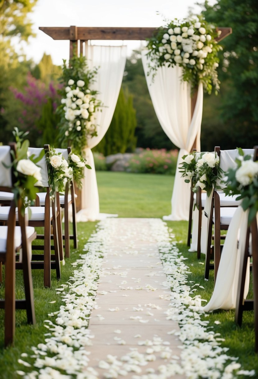 An outdoor wedding aisle lined with white flower petals and greenery, leading to a rustic wooden arch adorned with draped fabric and fresh blooms