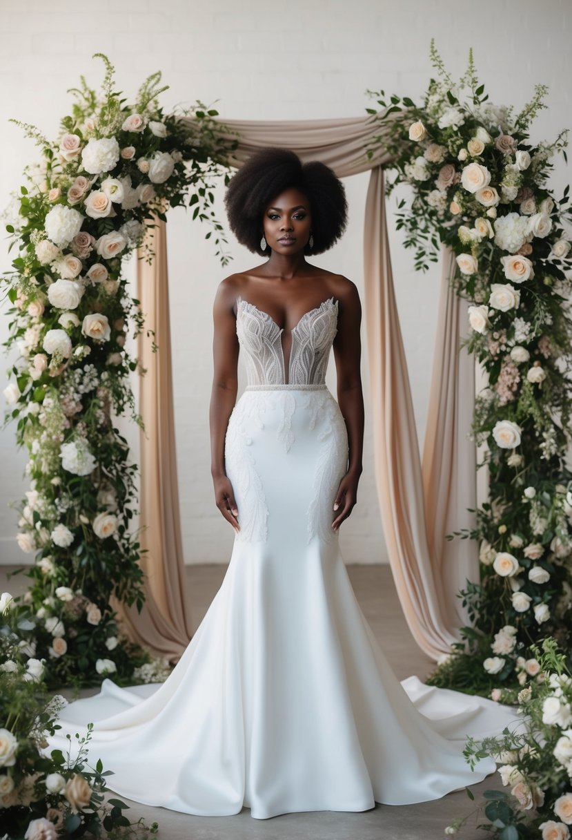 A black woman in a custom handcrafted wedding dress, surrounded by elegant floral arrangements and draped in luxurious fabrics