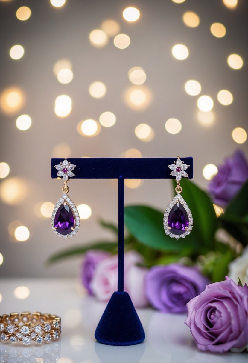 A pair of elegant purple wedding earrings displayed on a velvet jewelry stand, surrounded by soft, romantic lighting