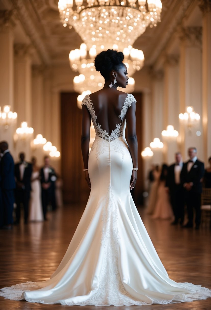 A black woman stands in a grand ballroom, wearing a flowing satin wedding gown with intricate lace details and a dramatic train. The dress shimmers under the soft glow of chandeliers, exuding elegance and sophistication