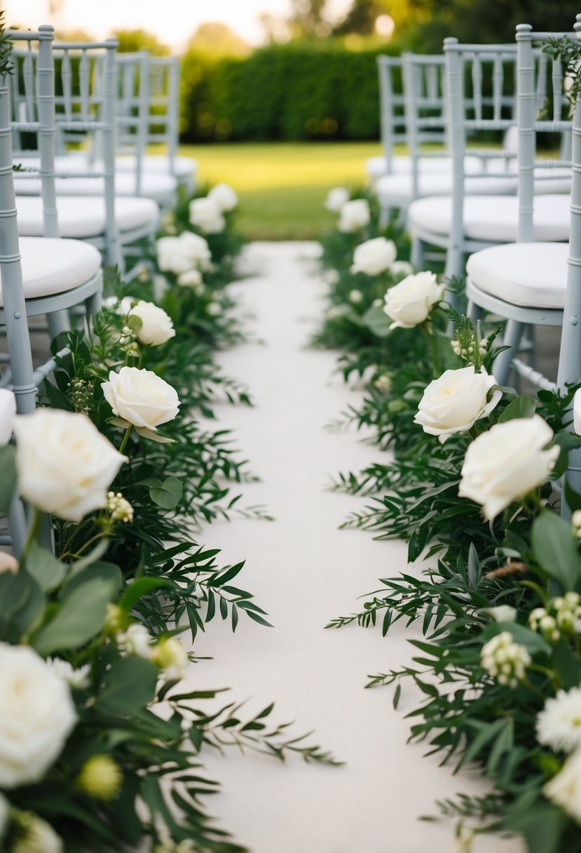 A simple wedding aisle lined with lush greenery and white flowers