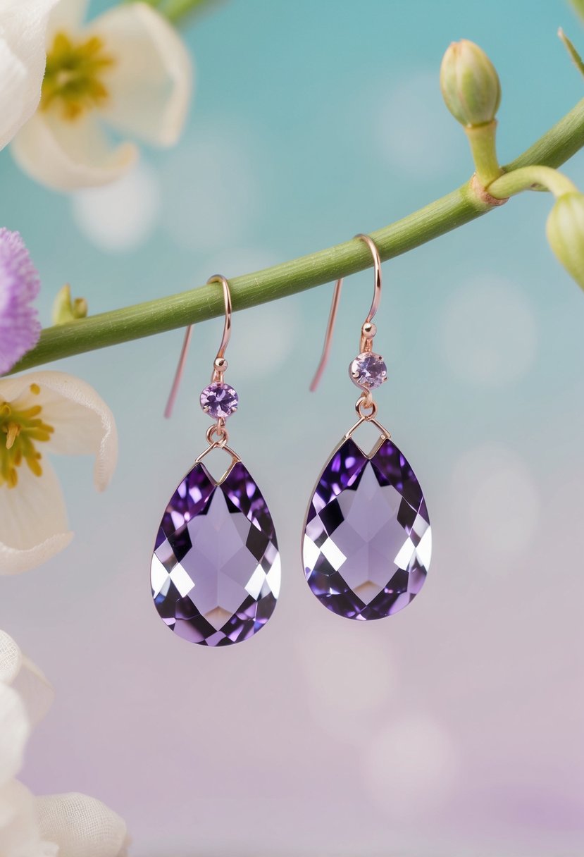 A close-up of lavender crystal drop earrings against a soft, pastel background, with delicate floral accents