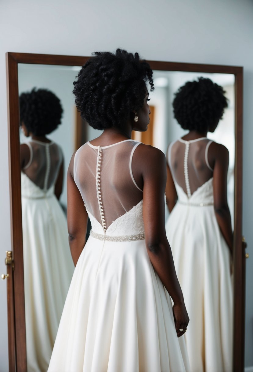 A black woman in a modern illusion neckline wedding dress, standing in front of a full-length mirror, admiring her reflection