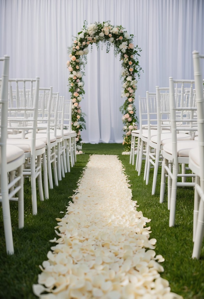 A flower petal-lined aisle stretches between rows of white chairs, leading towards a simple archway adorned with delicate blooms