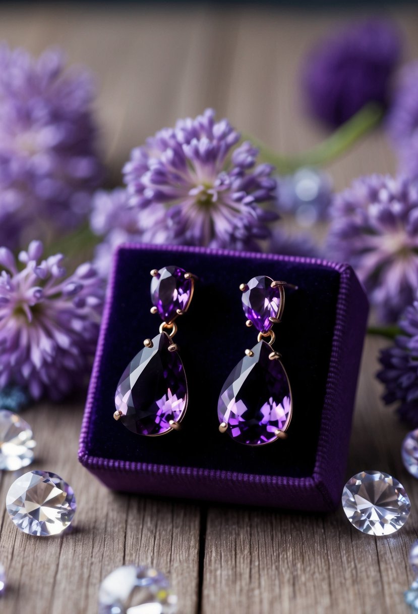 A pair of amethyst teardrop earrings displayed on a velvet cushion, surrounded by delicate purple flowers and sparkling crystals