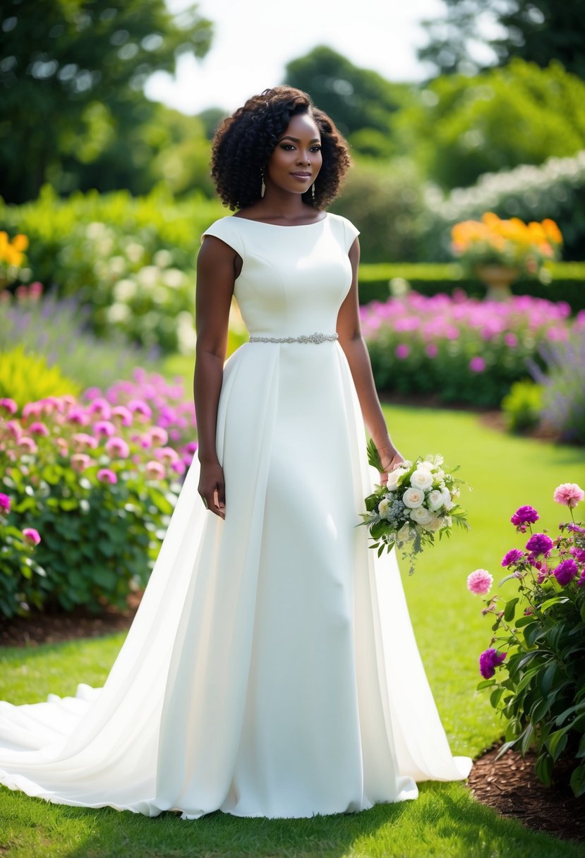 A black woman stands in a flowing wedding dress with elegant cap sleeves, surrounded by a garden of vibrant flowers and lush greenery