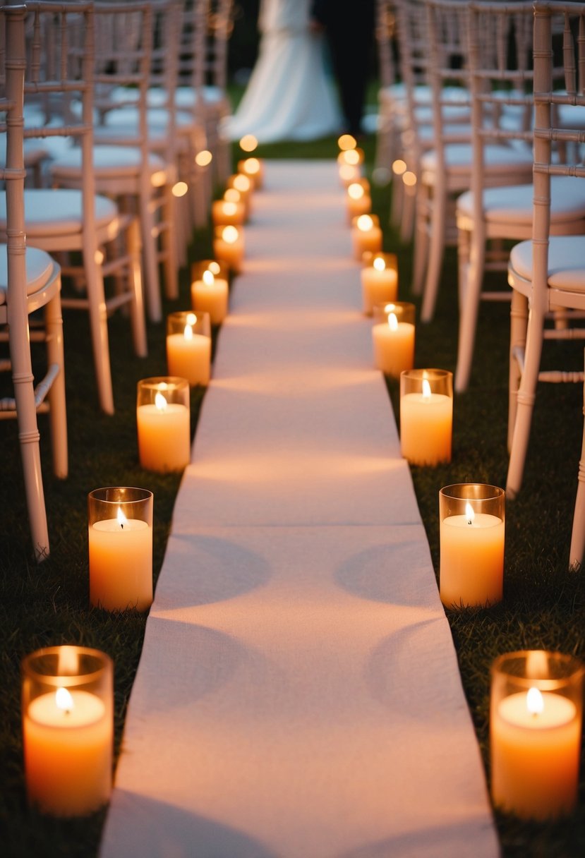 Candles lining a wedding aisle, casting a warm glow on the path