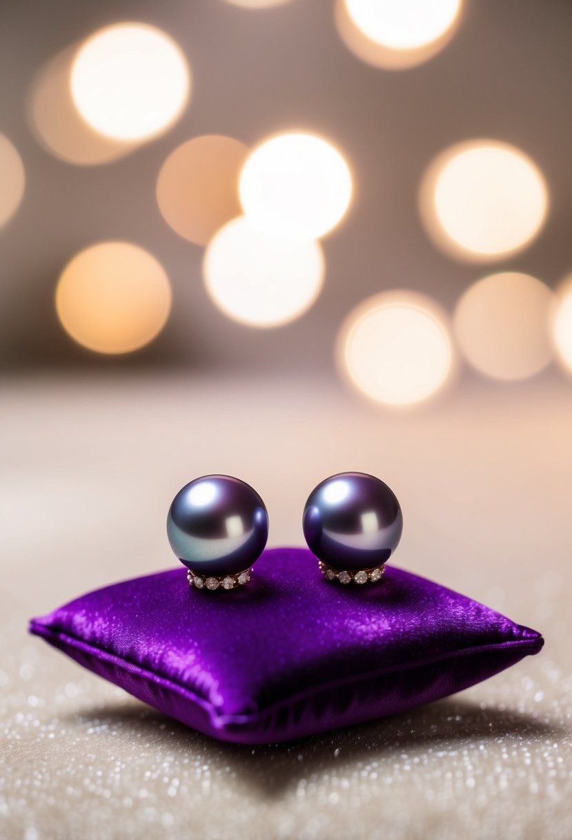 Two elegant violet pearl studs placed on a velvet cushion under soft lighting