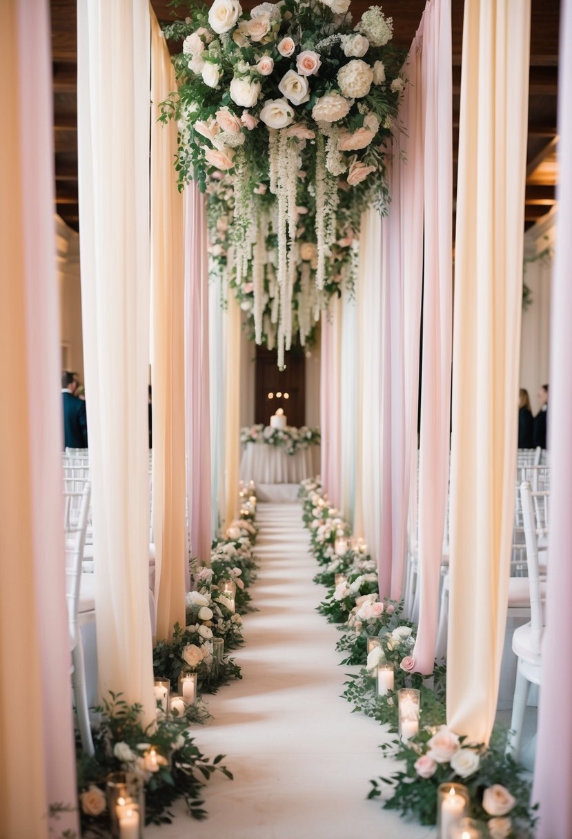 A grand wedding aisle lined with cascading satin ribbons in soft pastel hues, creating an elegant and romantic atmosphere