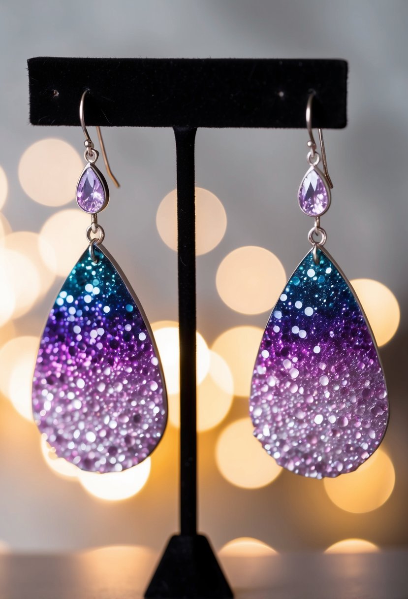 A pair of purple ombre dangle earrings hanging from a jewelry stand, with soft lighting highlighting their shimmering details