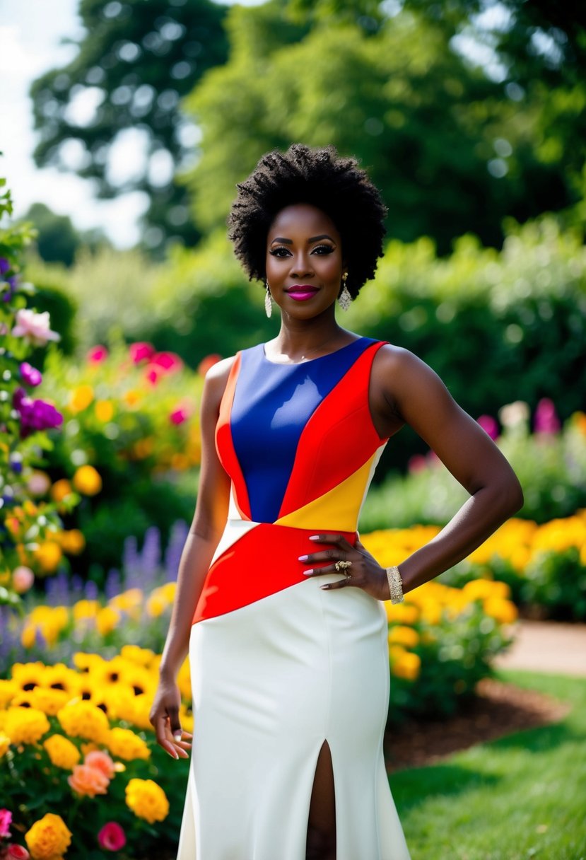 A black woman in a bold color accented wedding dress, standing in a lush garden with vibrant flowers and greenery