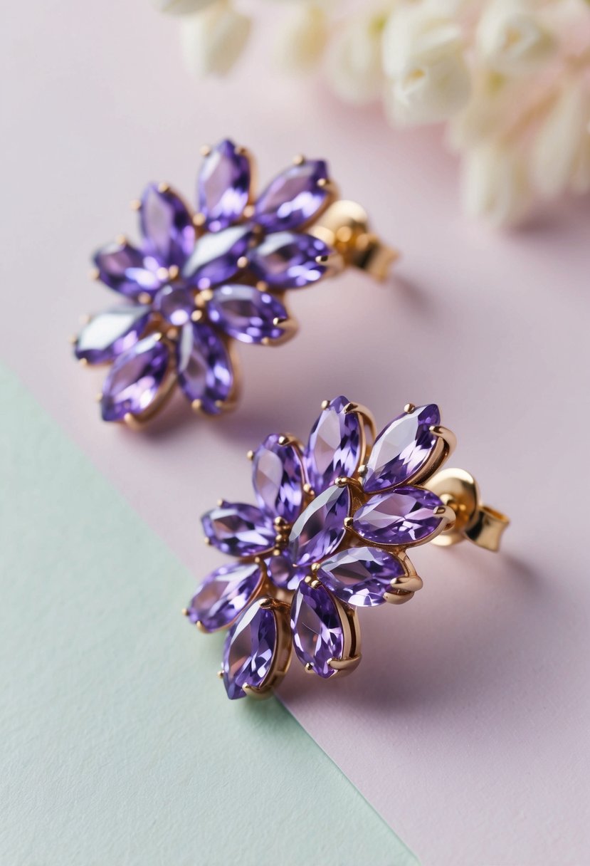 A close-up of lilac crystal cluster earrings against a soft, pastel background, with delicate details and a sense of elegance