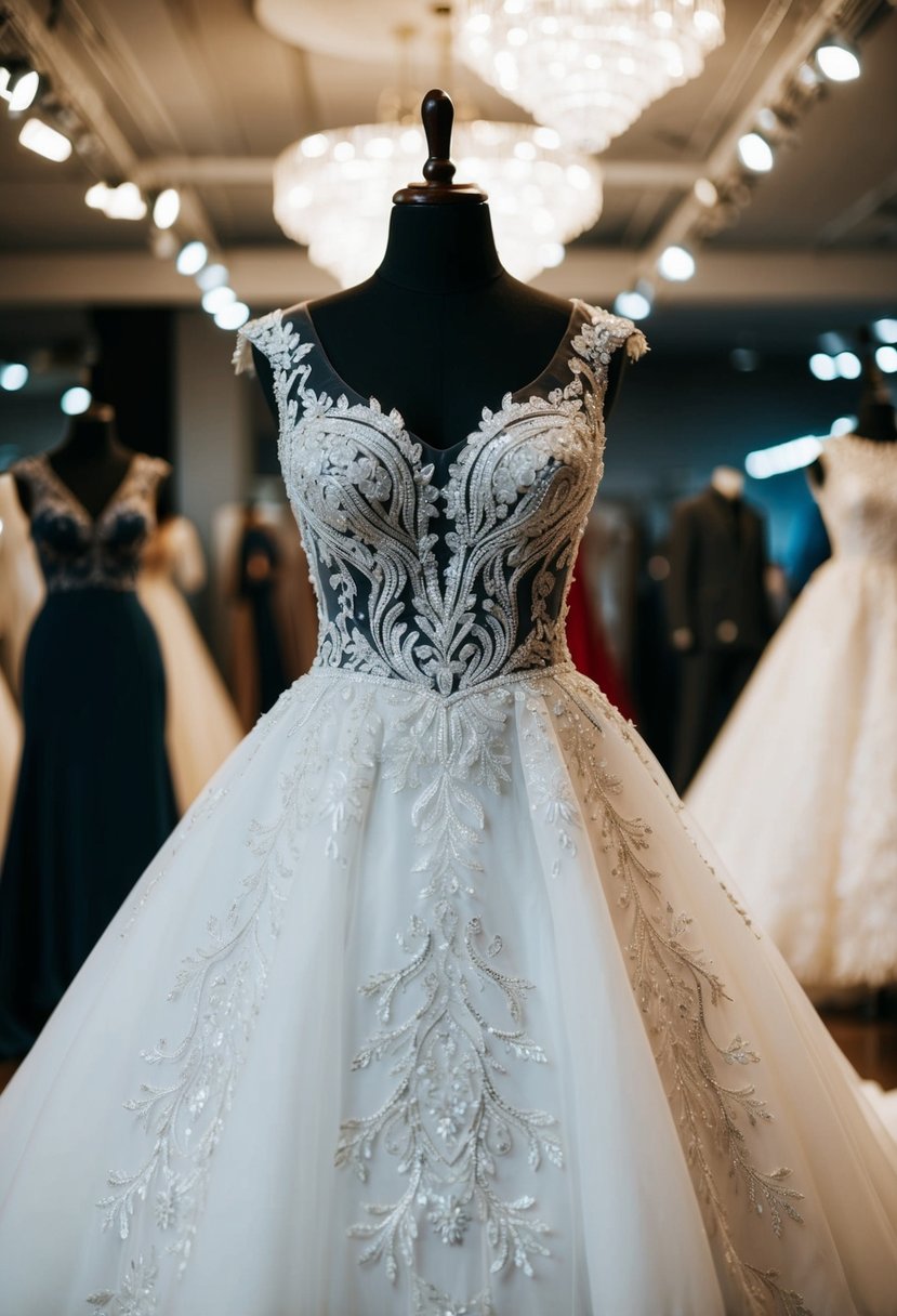 A stunning wedding dress with intricate embroidery, designed for a black woman, displayed on a mannequin