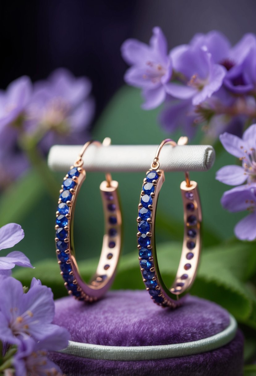 A pair of grape sapphire hoop earrings displayed on a velvet cushion with soft lighting, surrounded by delicate purple flowers