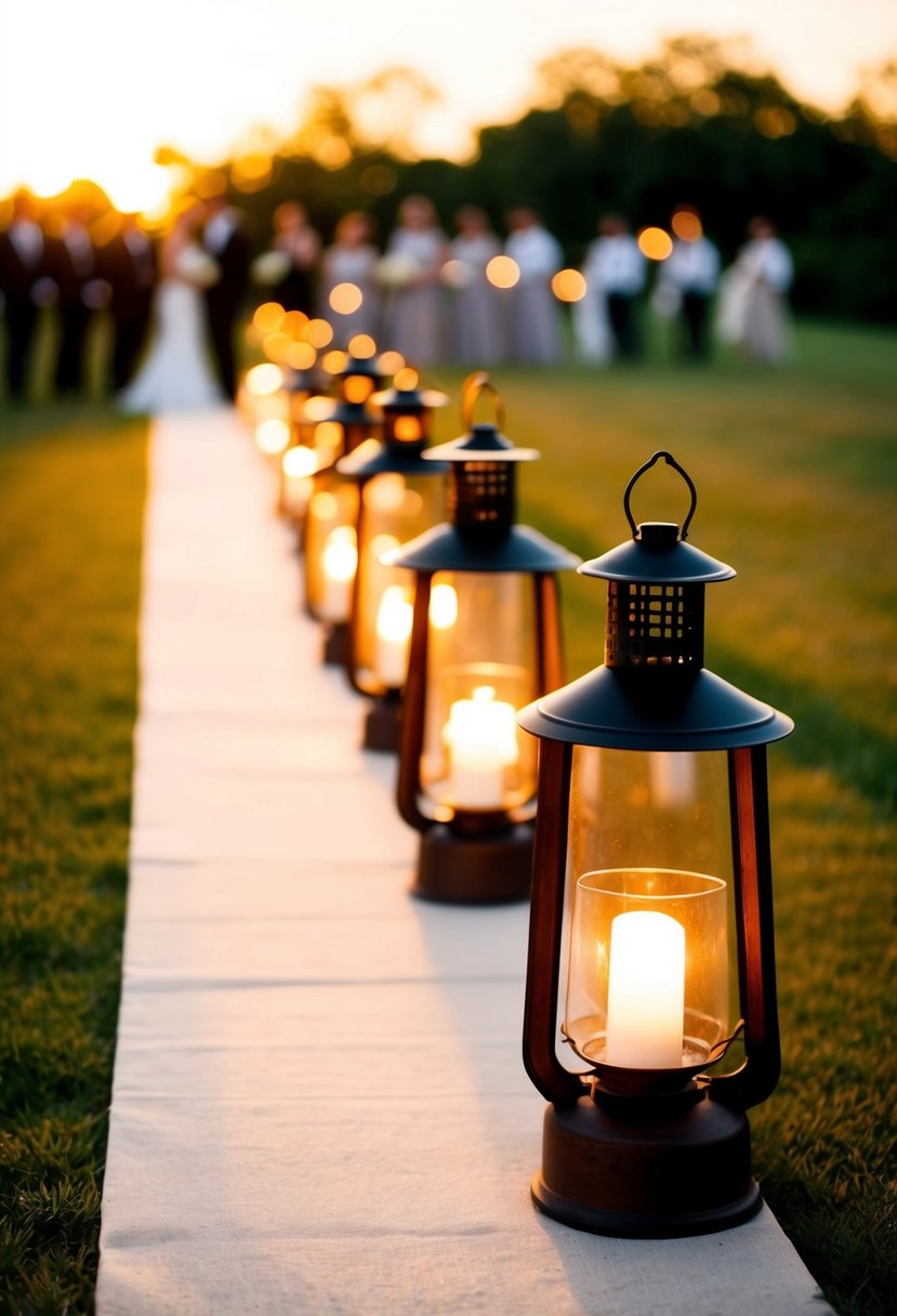 A rustic lantern decor lines a wedding aisle, casting a warm glow on the path as the sun sets