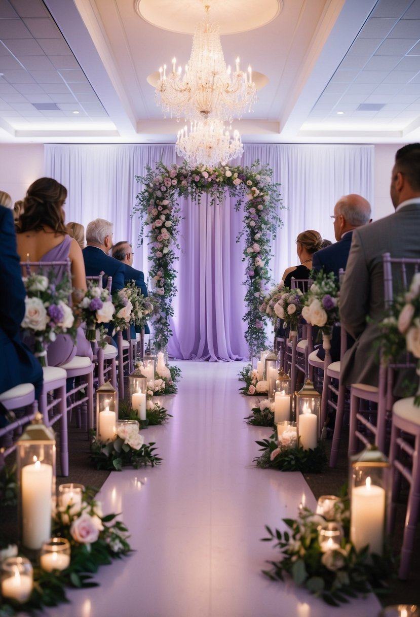 A lavender-hued wedding aisle with cascading floral arrangements and soft lighting