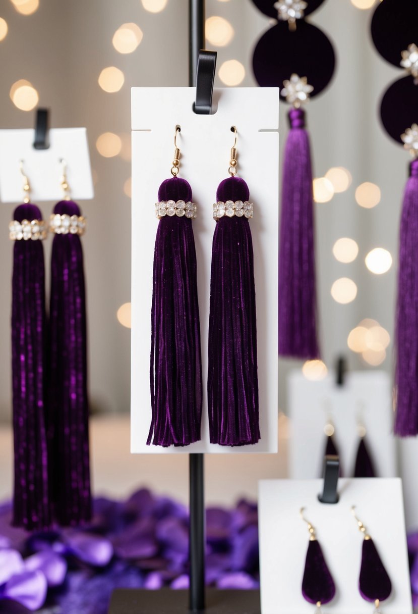 A pair of elegant eggplant velvet tassel earrings hanging from a display, surrounded by other purple wedding accessory ideas