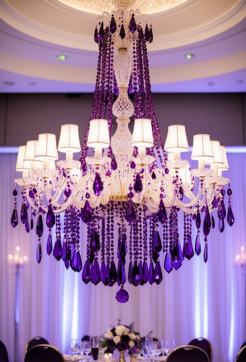 A grand chandelier adorned with deep purple beaded crystals, casting a soft, romantic glow over a table set with elegant purple wedding earrings