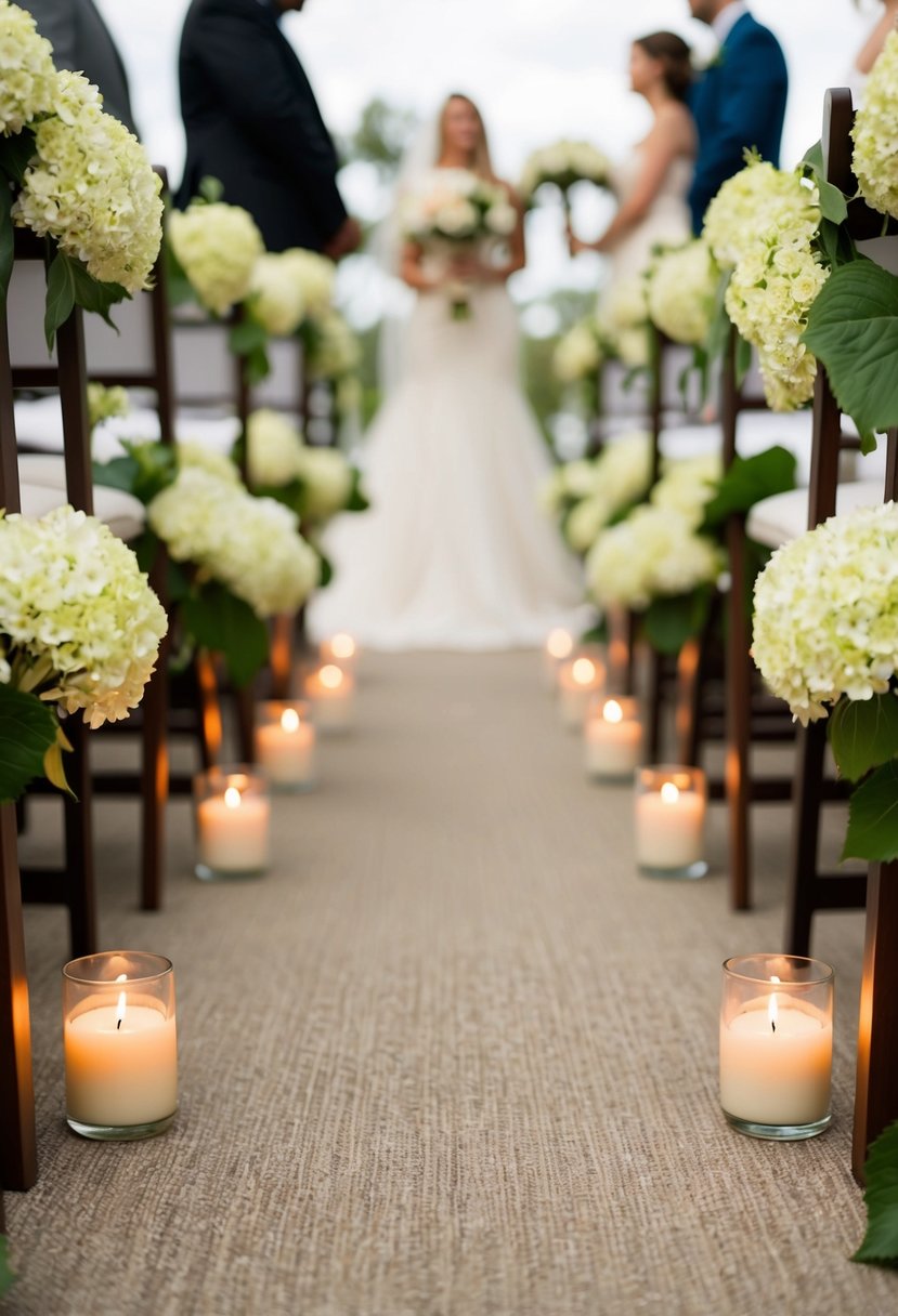 A wedding aisle lined with blooming hydrangeas and unity candles