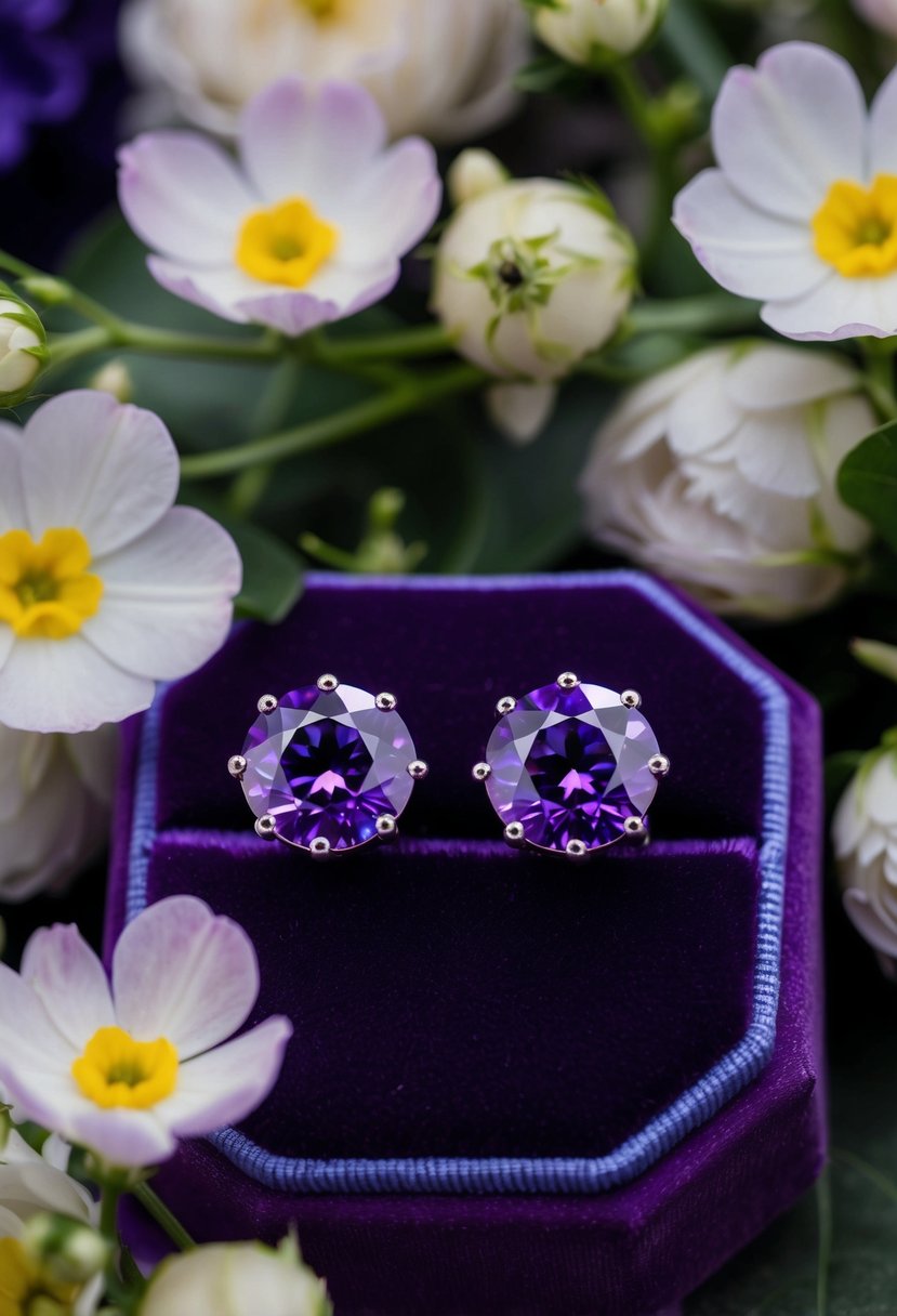 Two royal purple cubic zirconia studs shine on a velvet cushion, surrounded by delicate floral arrangements