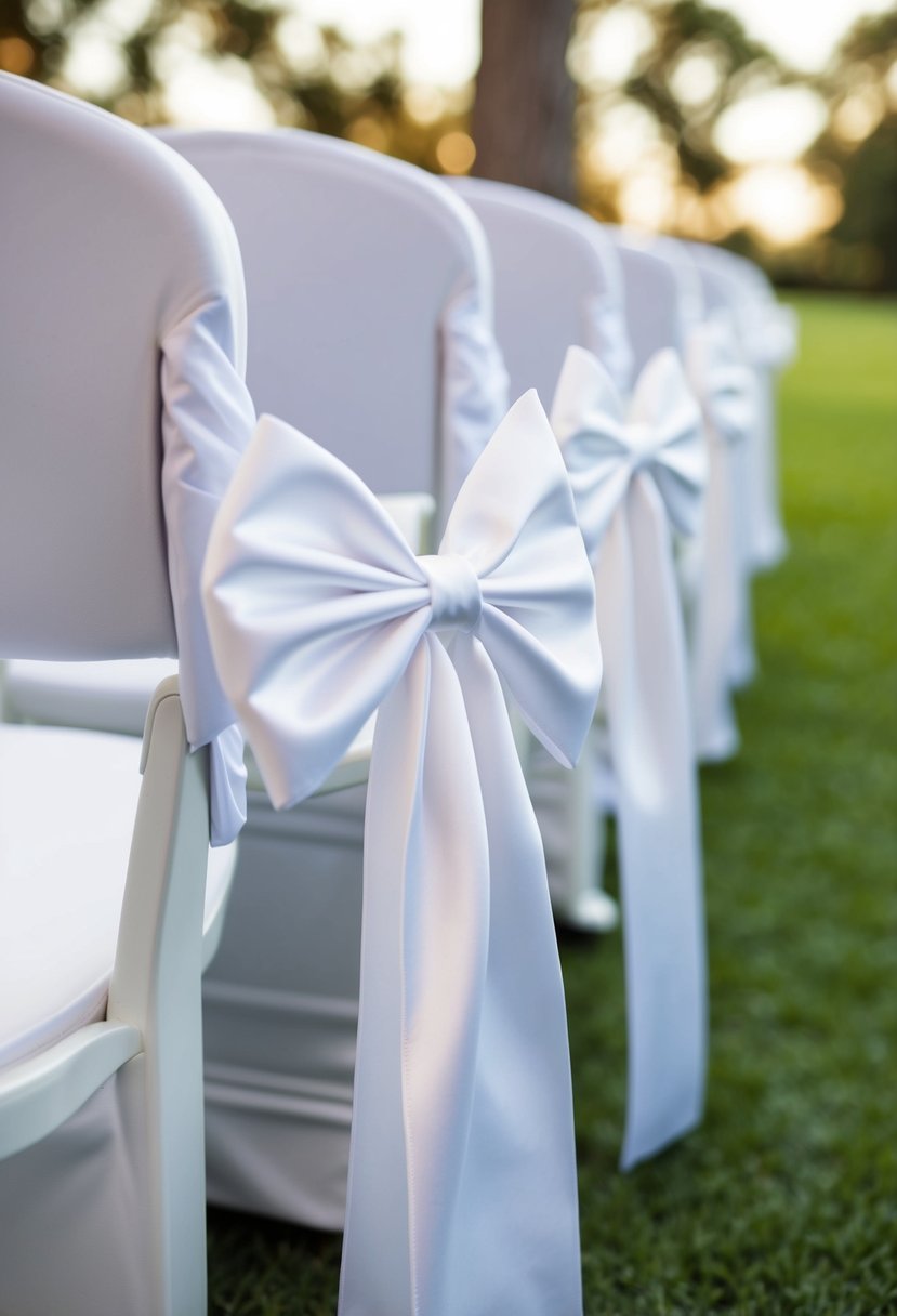 A white satin bow accents a wedding aisle with elegant simplicity