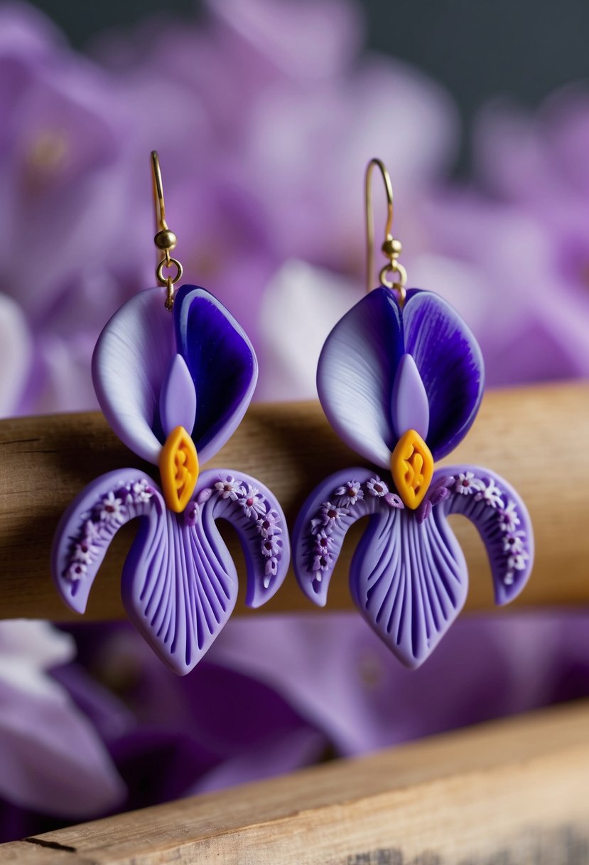 A pair of delicate polymer earrings in the shape of iris flowers, featuring shades of purple and intricate handmade details