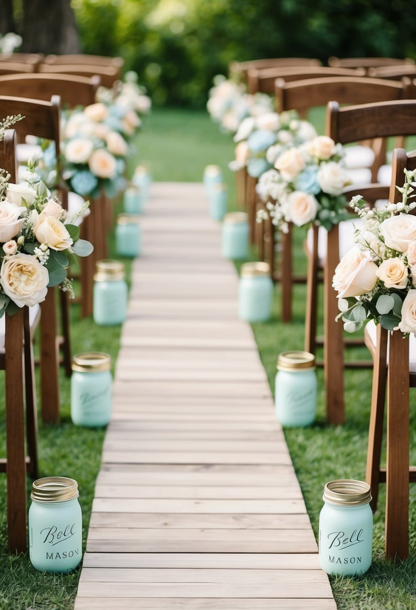 A rustic wooden wedding aisle lined with mason jar flower arrangements in soft pastel colors