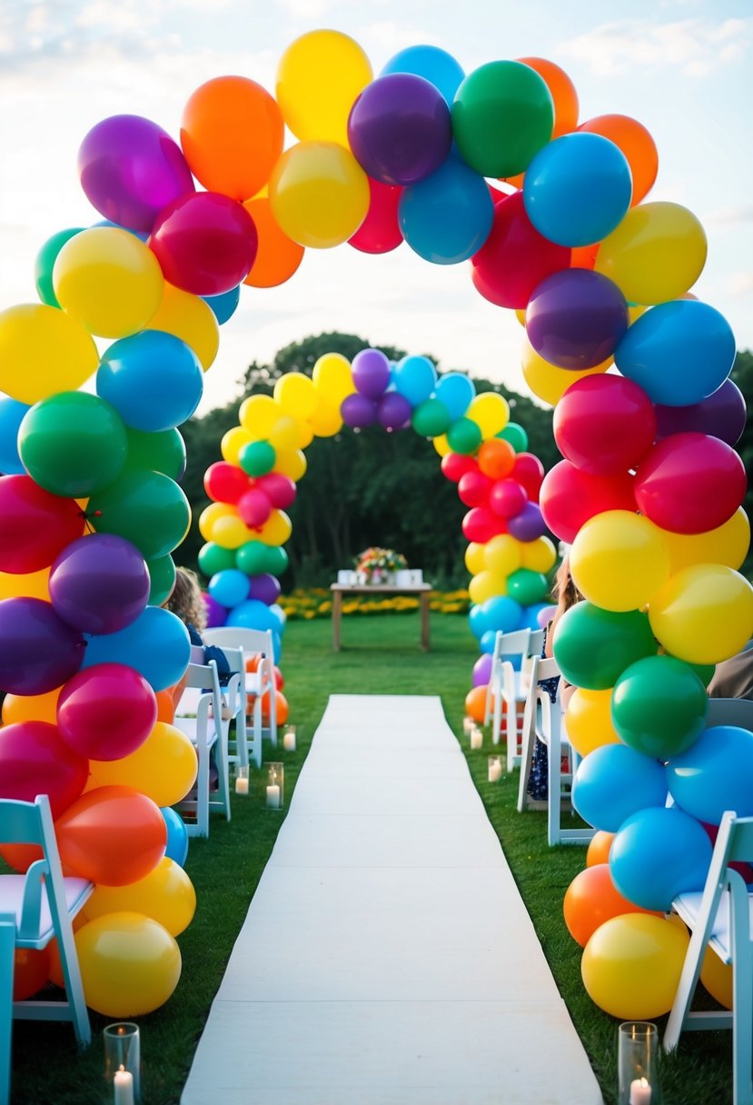 A vibrant balloon arch frames a wedding aisle, with a mix of bright colors creating a festive and celebratory atmosphere